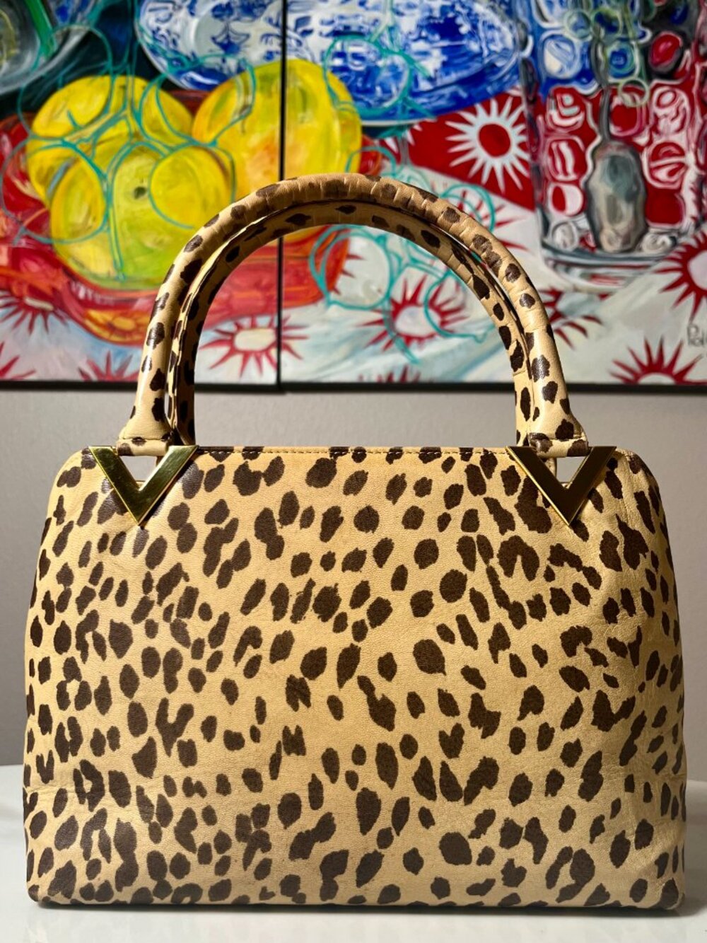 Valentino Couture Leopard Print Leather Vintage Top Handle Bag
